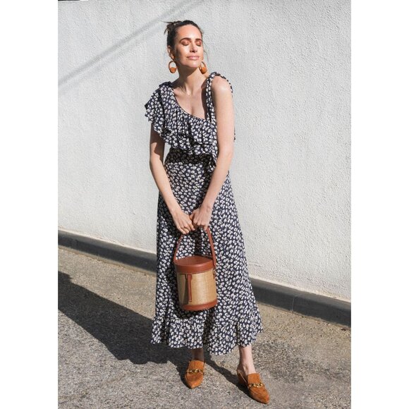 Ganni Roseburg Crepe Dress Maxi Tie Strap Total Eclipse Navy Leaf Print US 4 - Picture 3 of 16